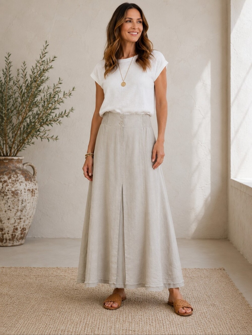 CAbi Beige Vintage Washed Linen Maxi Skirt XL Raw Hem Minimalist Neutral Casual